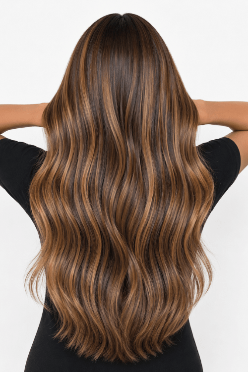 P2/7 Caramel Highlighted Brown Straight Weave Extensions - Mibella Hair